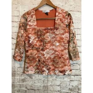 Dressbarn Top Womens Medium Peach & Pink Floral Floral Mesh Square Neck Dainty